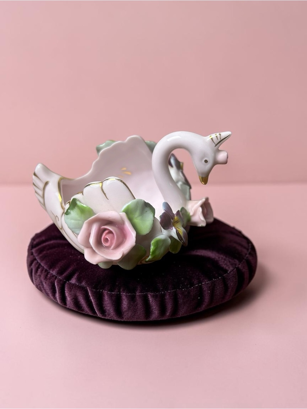 Vintage L’Amour Fine Handpainted China Porcelain Swan Trinket Dish Japan